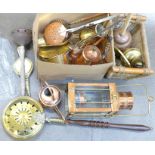 Two boxes of brass and copper, including copper lantern, brass bed pan, brass and copper pans, etc.