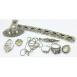 Silver and white metal jewellery, including a clip brooch,