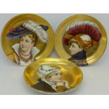 Three hand painted porcelain plates, each with European beauties, one with chip to outer rim,