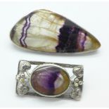 Two silver and Blue John brooches