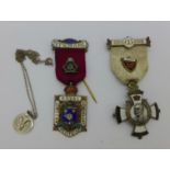 Two silver and enamel lodge medals and a pendant and chain
