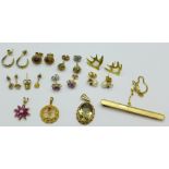 Eight pairs of 9ct gold earrings, three 9ct gold pendants and a 9ct gold-tie clip, total weight 15.