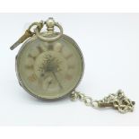 A silver pocket watch with chain