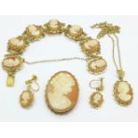 A 9ct gold and cameo jewellery set; bracelet, pair of earrings, a pendant and chain and a brooch,