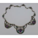 A large 925 silver necklace, set with amethyst quartz and turquoise,