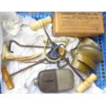 Assorted items; two pairs of boot hooks, a pair of boot aids, a hip flask, a horn handle, etc.