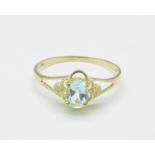 A 9ct gold, aquamarine and diamond ring, 1g,