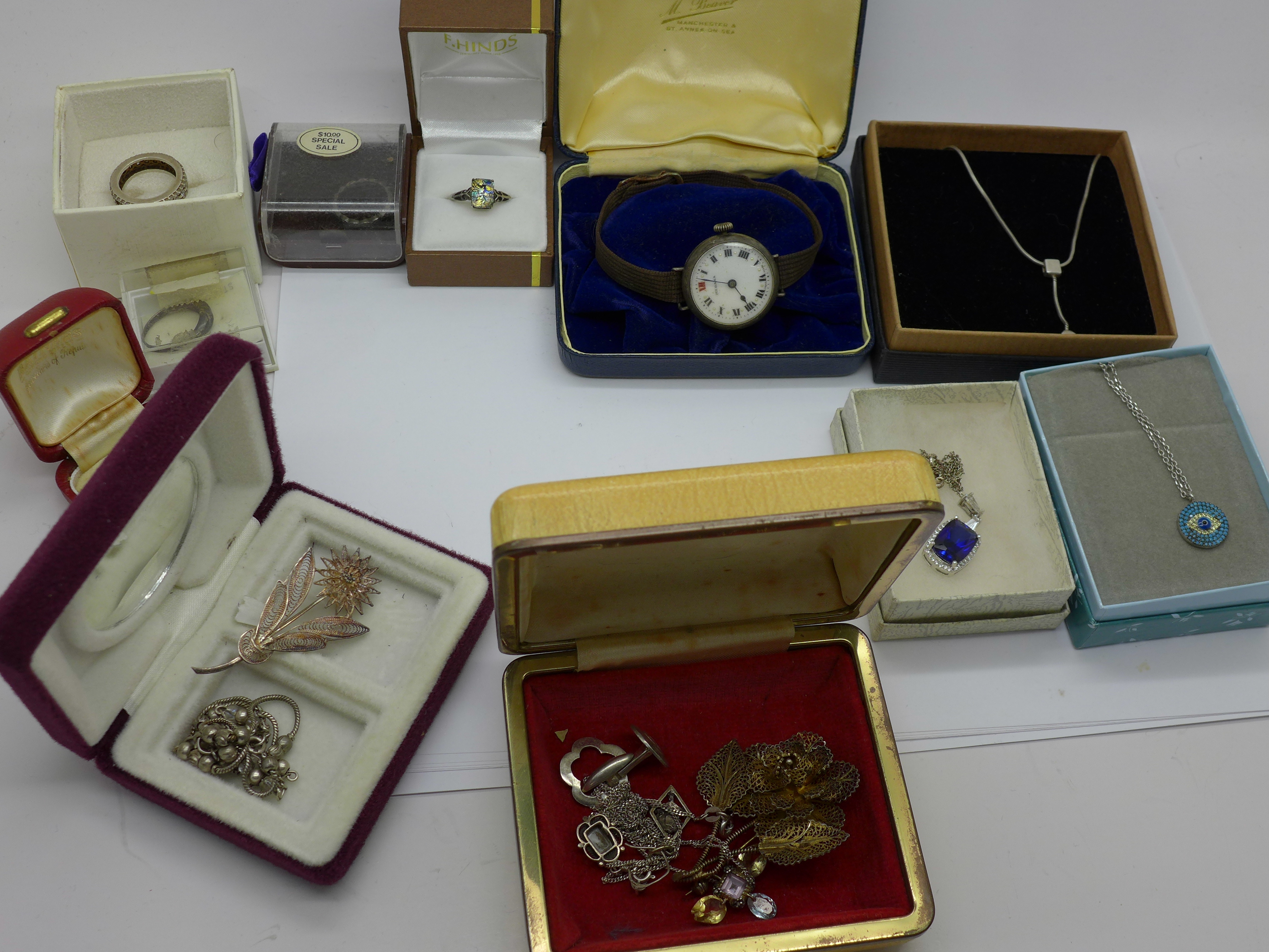 Silver jewellery including a silver wristwatch