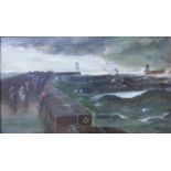 English School, After Three Days Gale, Hartlepool Harbour, oil on canvas, 35 x 60cms,