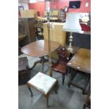 A beech standard lamp, mahogany occasional table,