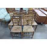 A set of eight elm rush seated ladderback dining chairs