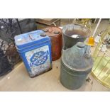 Petrol cans, galvanised bucket, etc.