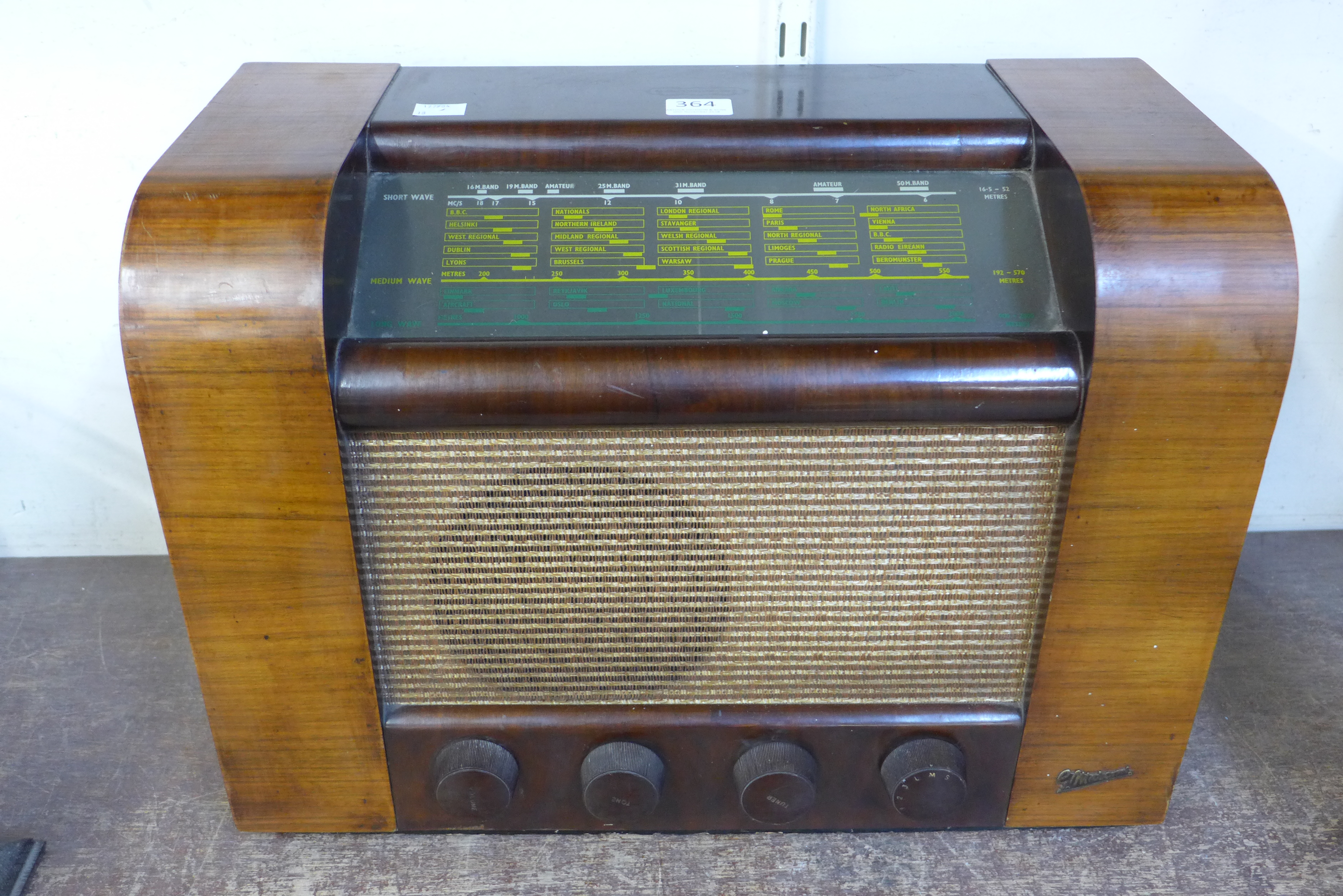 A Marconiphone walnut effect radio