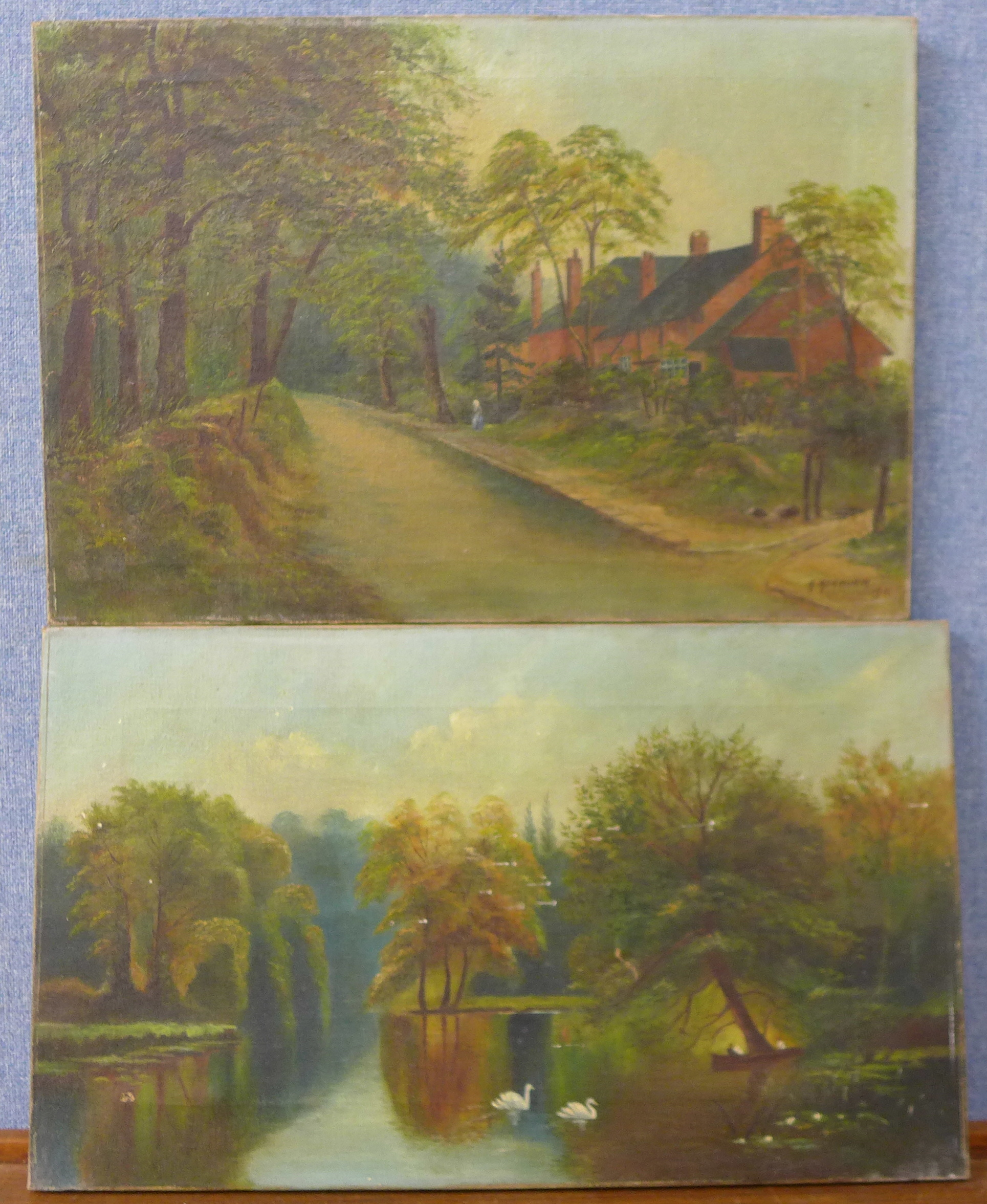 Three English School oil paintings, landscapes,