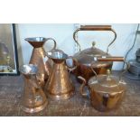 Two Victorian copper kettles and a set of three graduated copper jugs