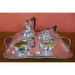 A silver plated four piece tea and coffee service and a serving tray
