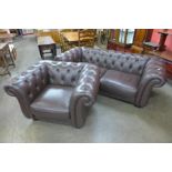 A brown leather Chesterfield settee and club chair
