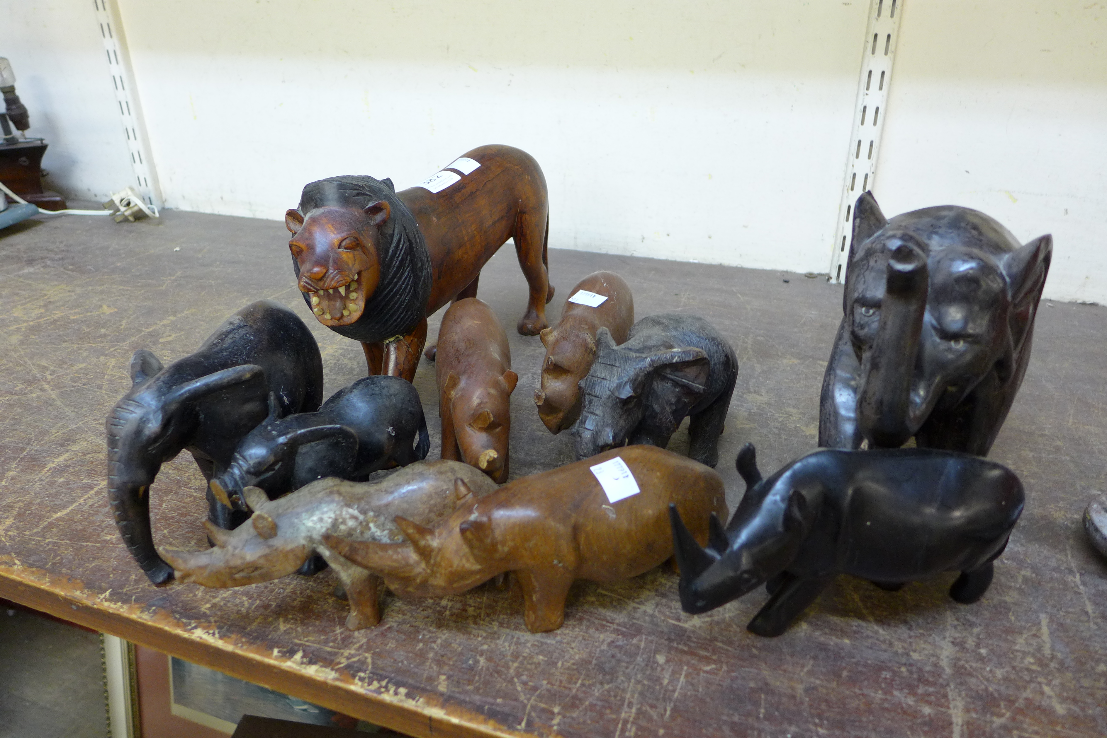 Assorted carved wood animal figures