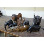 Assorted carved wood animal figures