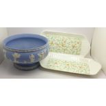 A Wedgwood Jasperware footed bowl and a pair of Coalport Fantasy pattern sandwich plates