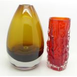 A Whitefriars red glass textured vase and one other vase, 19.