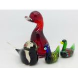 Four glass bird figures including one Whitefriars,