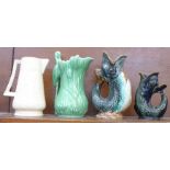 Two Art Deco jugs and two fish vases, green Sylvac vase 25.