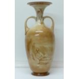 A Royal Doulton two handled sepia vase, signed D.