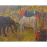 French School (early 20th Century), Circus Ponies, oil on board, unframed, 49cm x 38cm