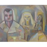 French Cubist School, figures in a cocktail bar, oil on board, unframed, 65cm x 50cm