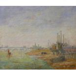 C. Hayes, industrial port, oil on canvas, unframed, 61cm x 51cm