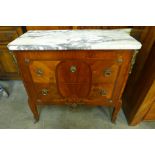 A French Louis XV style mahogany, marquetry inlaid and ormolu mounted commode,