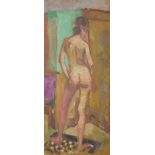 French School, female nude, oil on board, unframed, 28cm x 63cm