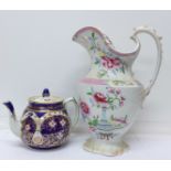 An Imari teapot and a 19th Century transfer printed vase, the base marked March 5 1840 Auckland,