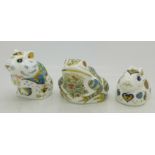 Three Royal Crown Derby paperweights, Hamster, Marsh Frog and Rabbit, all with gold stoppers,