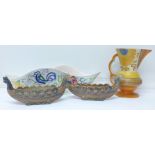 An Art Deco jug, a Poole planter and two Wade Viking boats,