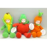 Three Madame Alexander 'Very Veggie Friends' soft toy dolls USA 2001