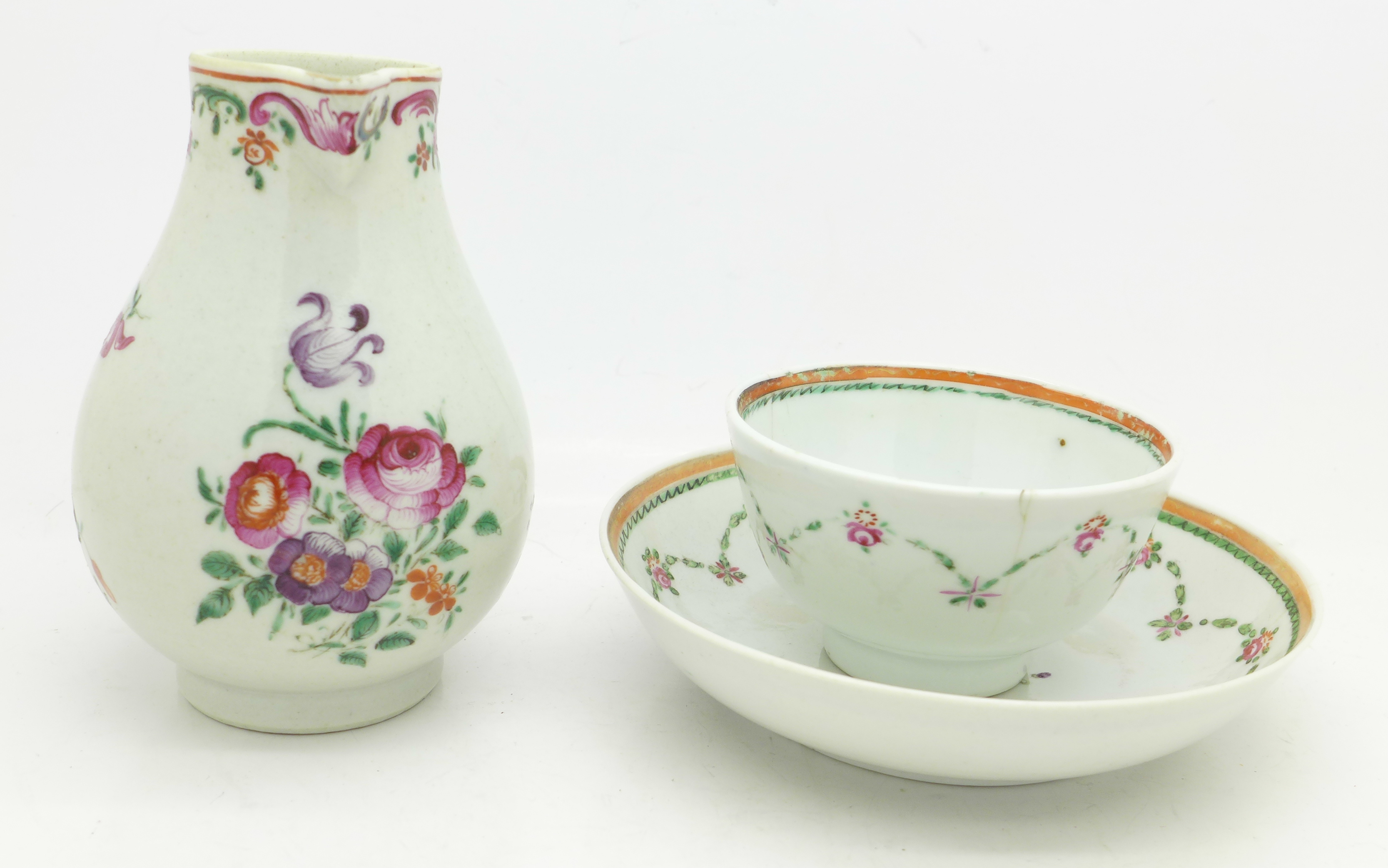 A sparrow beak jug, and a tea bowl and saucer,