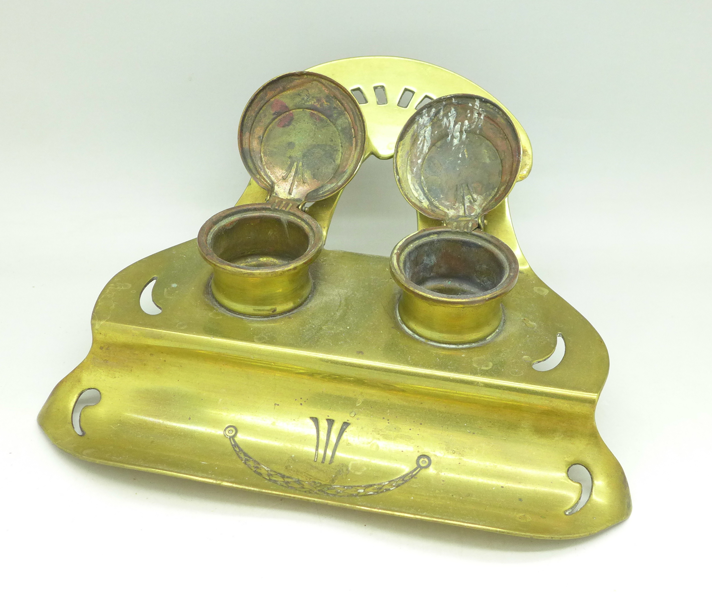 A brass Art Nouveau ink stand, marked Ges. - Image 2 of 5