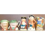 Two Beswick ware character jugs, 372 Scrooge and 281 Tony Weller, two Burlington Toby jugs,