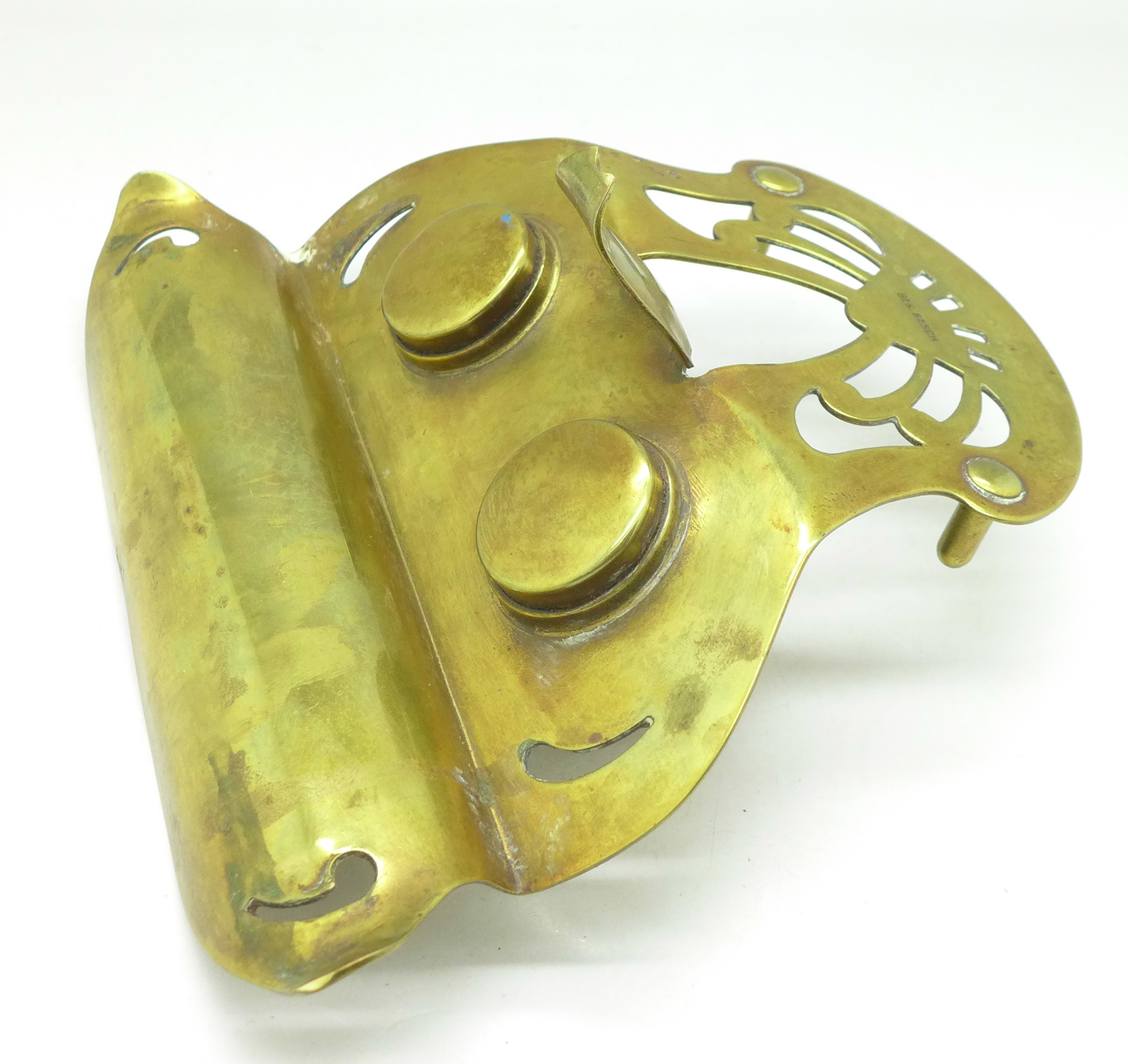 A brass Art Nouveau ink stand, marked Ges. - Image 4 of 5