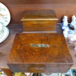 An oak two-compartment tea caddy and a 19th Century workbox with silver inlay and fretwork inner