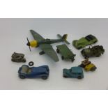 Dinky Toys including AA motorcycle and a Junkers aircraft,