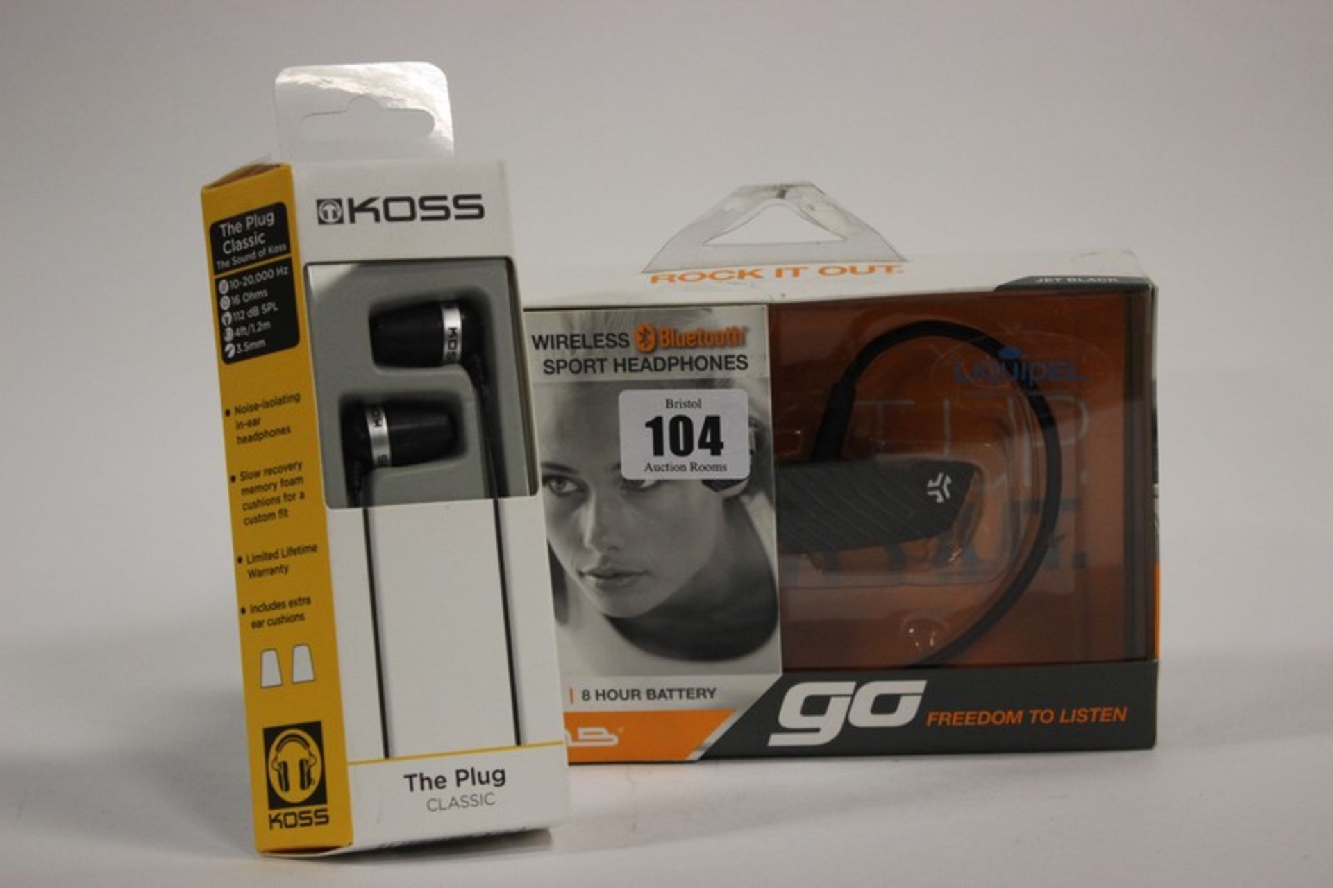 Two Jlab GO black Bluetooth sweat proof headset (Boxed as new) and three pairs of Koss The Plug