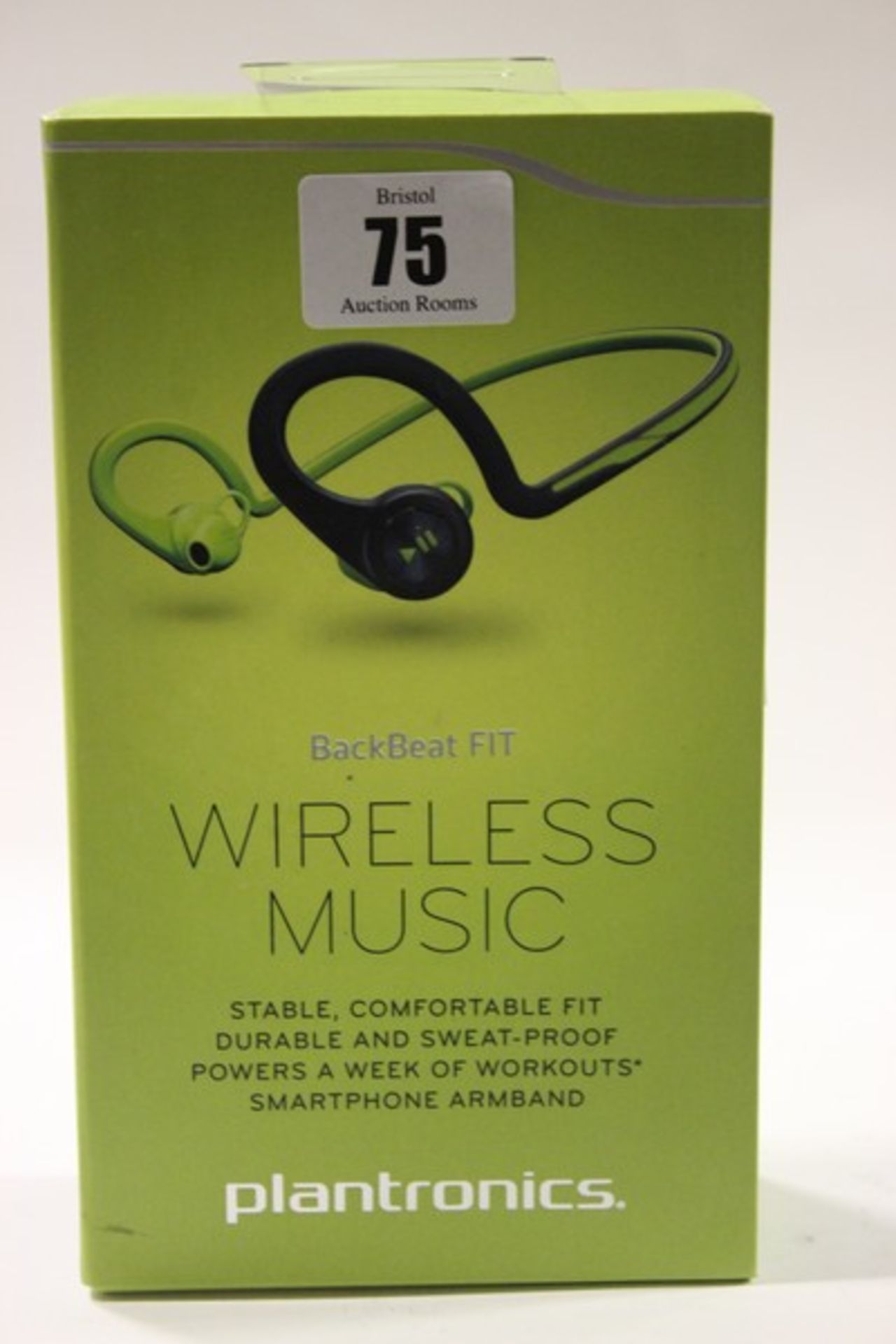 Two green Plantronics BackBeat FIT wireless stereo headphones with armband for a smartphone (Boxed