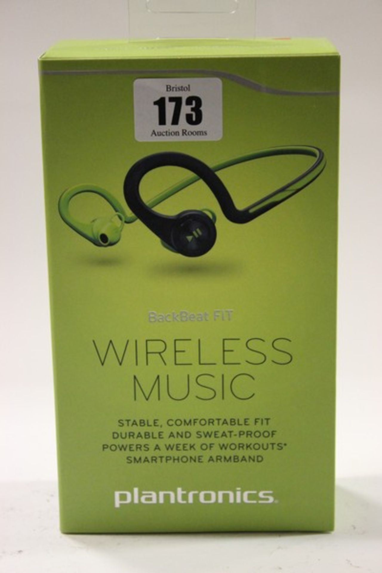 Two green Plantronics BackBeat FIT wireless stereo headphones with armband for a smartphone (Boxed