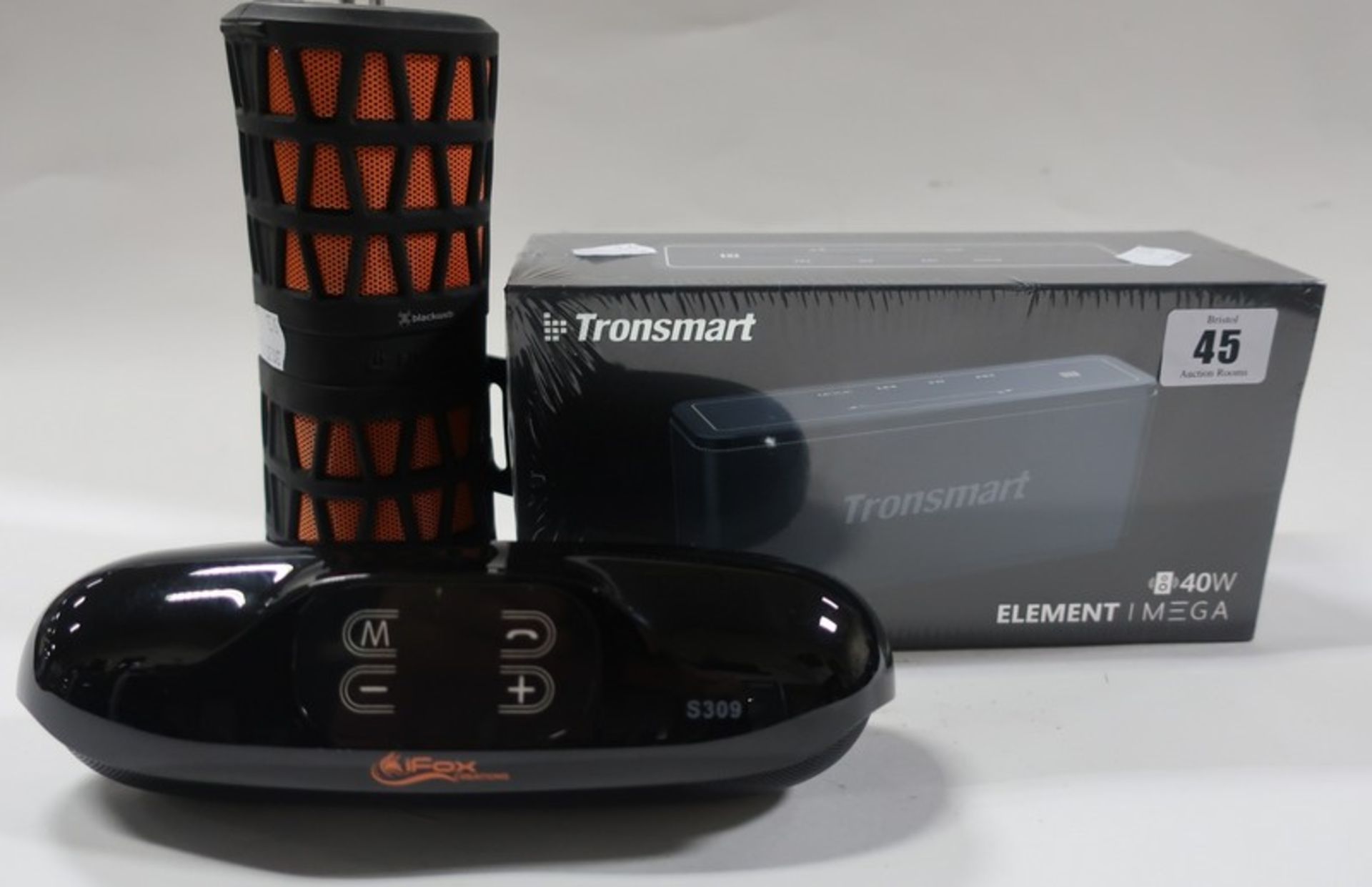 An iFox iFS309 Super Bass Bluetooth speaker, a Tronsmart Element I Mega 40W speaker (Both boxed as