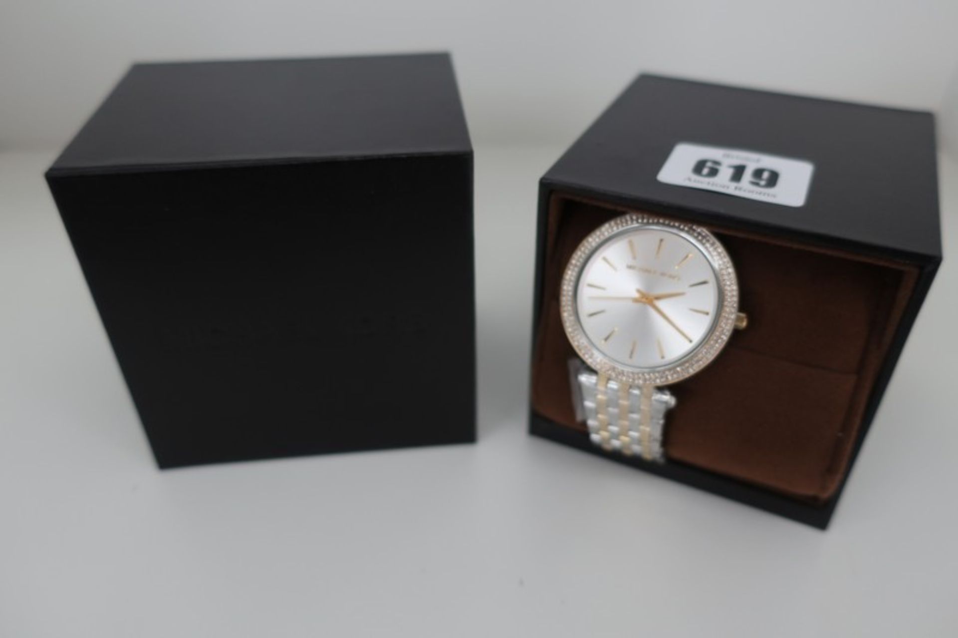 Two boxed as new Michael Kors Darci Silver Dial Two-Tone Ladies Watch MK3215.