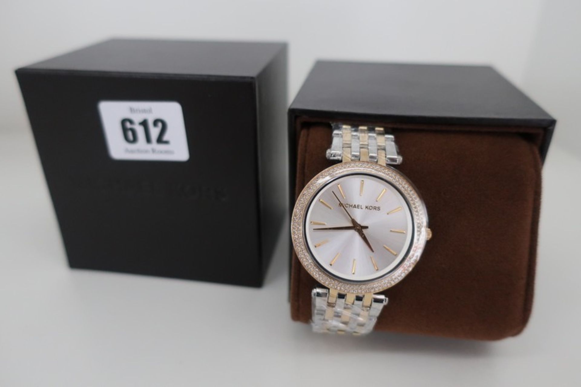Two boxed as new Michael Kors Darci Silver Dial Two-Tone Ladies Watch MK3215.