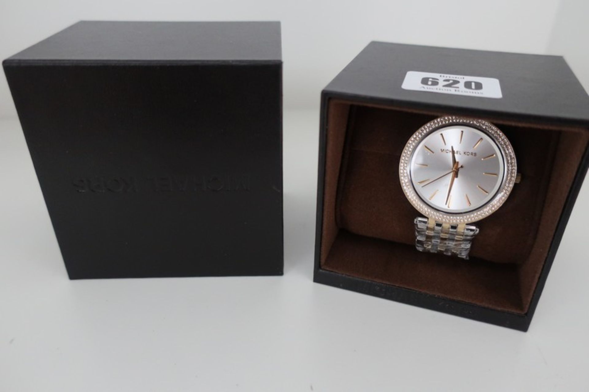 Two boxed as new Michael Kors Darci Silver Dial Two-Tone Ladies Watch MK3215.